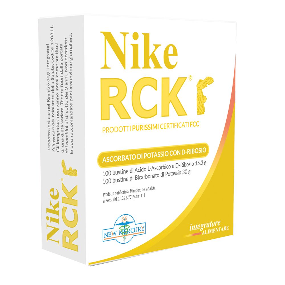 Boîte blanche et jaune. Inscription: Nike RCK, Ascorbato di Potassio con D-Ribosio. Certification FCC.