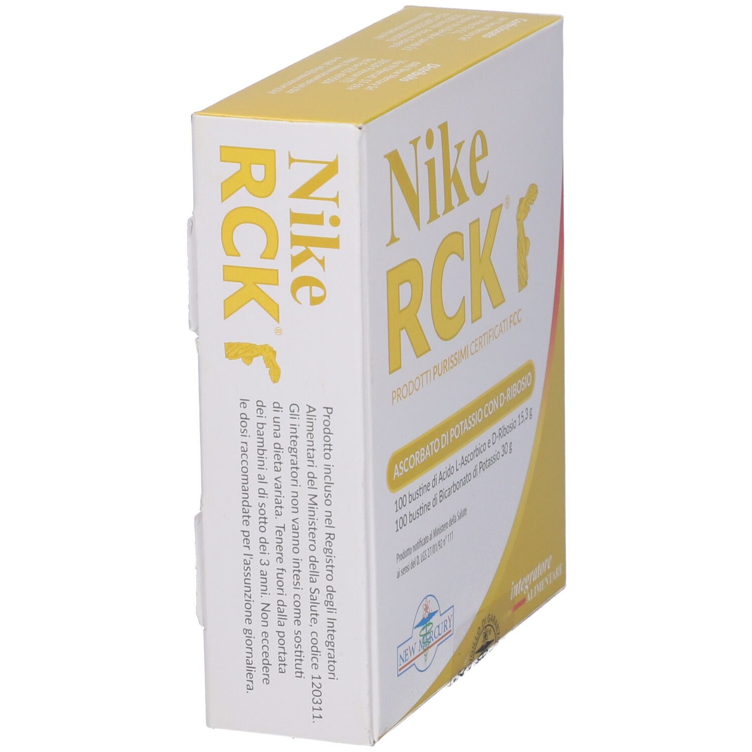 Emballage en biais. Inscription: Nike RCK, Ascorbato di Potassio con D-Ribosio. Accent jaune.