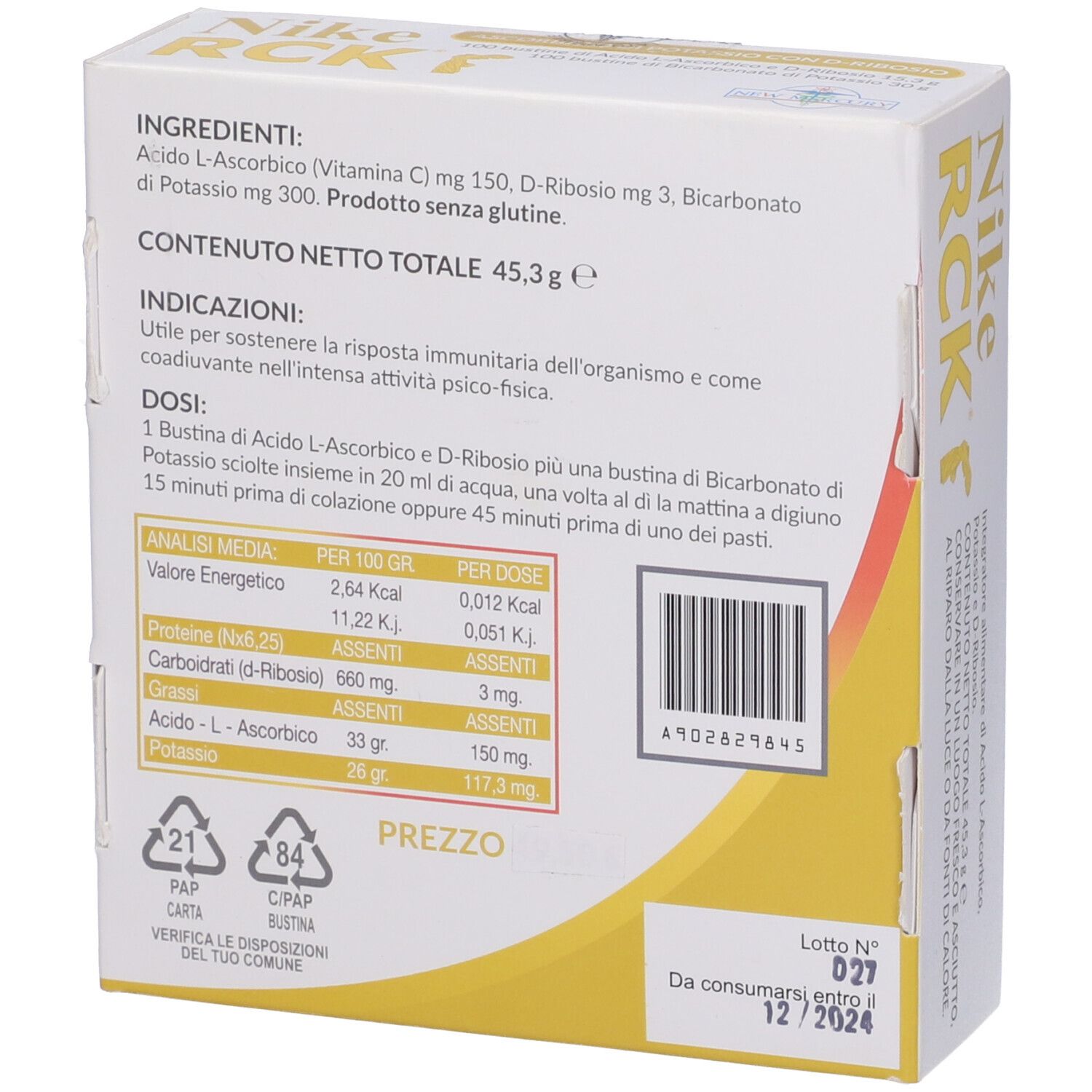 Dos de l'emballage. Contient ingrédients, dosage et informations nutritionnelles. Code-barres et symboles de recyclage.