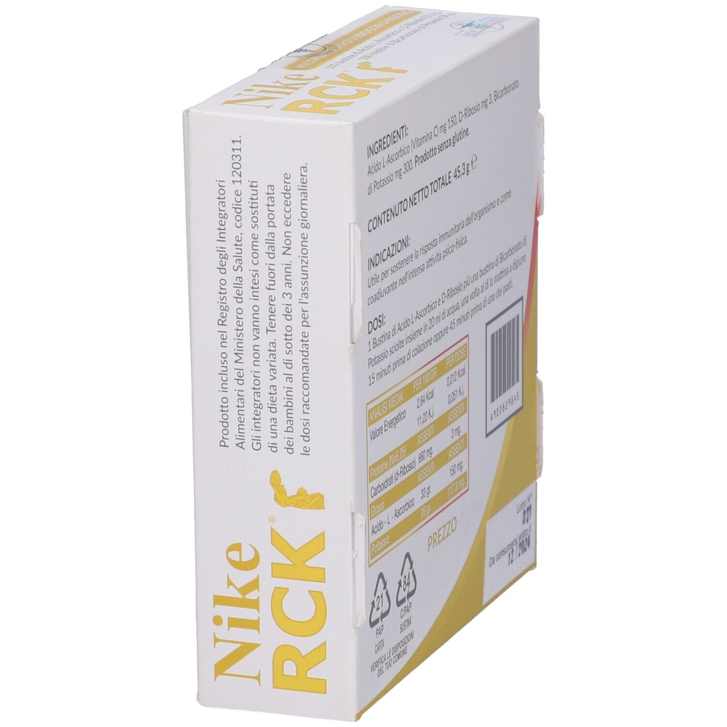 Emballage incliné. Inscription: Nike RCK, ingrédients et informations nutritionnelles. Accent jaune.