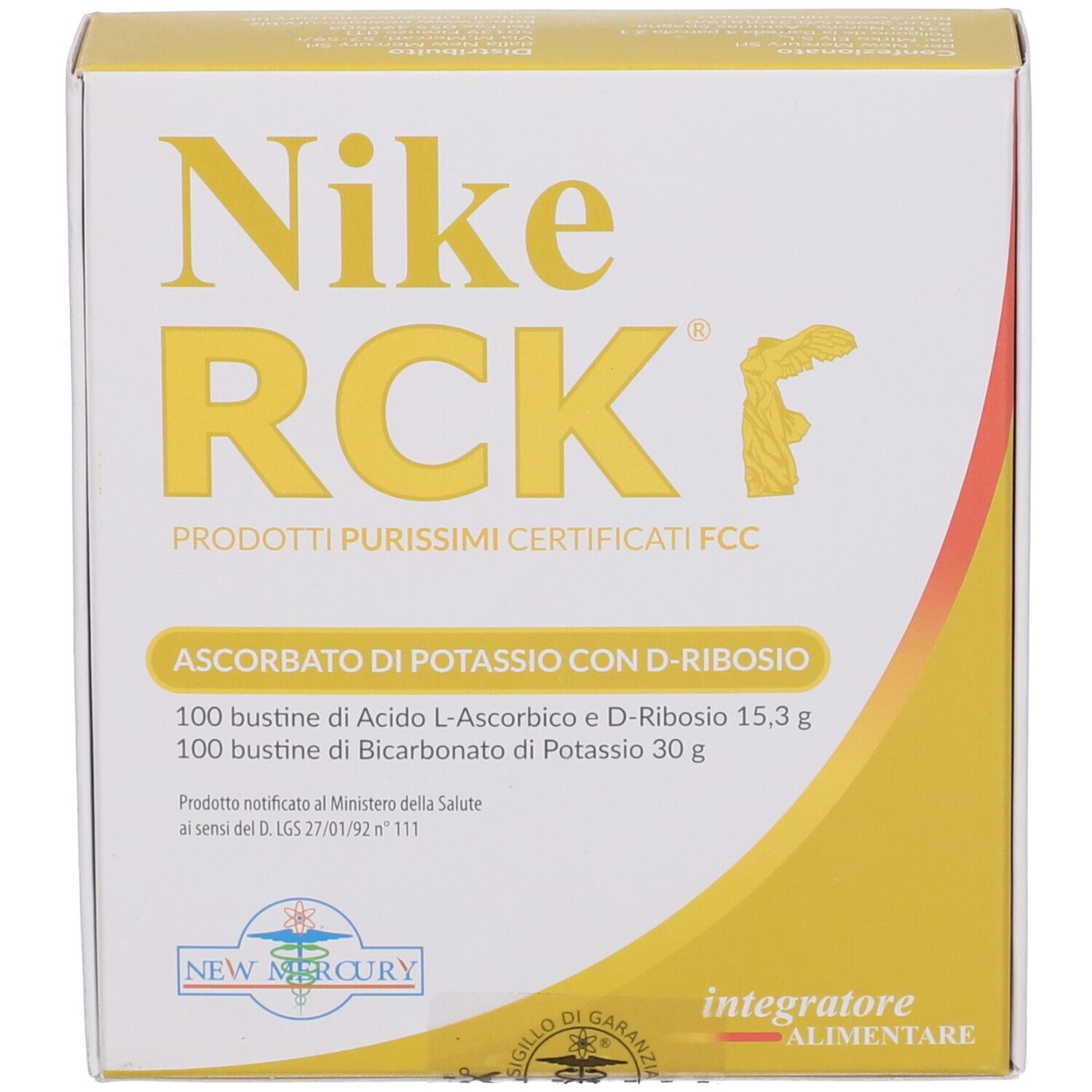 Boîte avec couvercle jaune. Inscription: Nike RCK, Ascorbato di Potassio con D-Ribosio. Certification FCC.