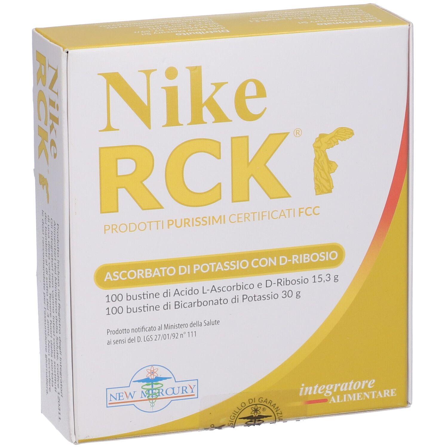 Boîte avec couvercle jaune. Inscription: Nike RCK, Ascorbato di Potassio con D-Ribosio. Certification FCC.