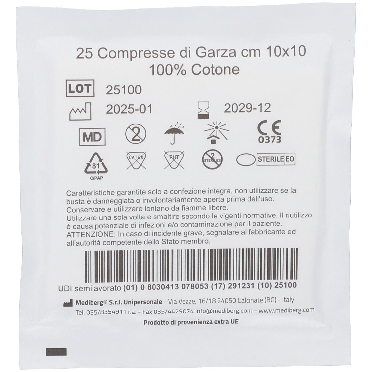 Rückseite der Verpackung mit Ceroxmed Gaze-Kompressen, 10x10 cm, 100% Baumwolle, steril.