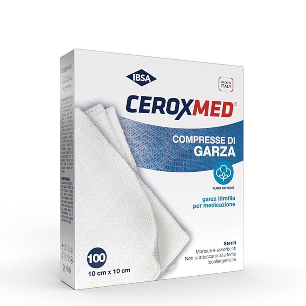 Verpackung mit Ceroxmed Kompressen. 100 Stück, 10x10 cm. Baumwolle. Steril, hypoallergen.