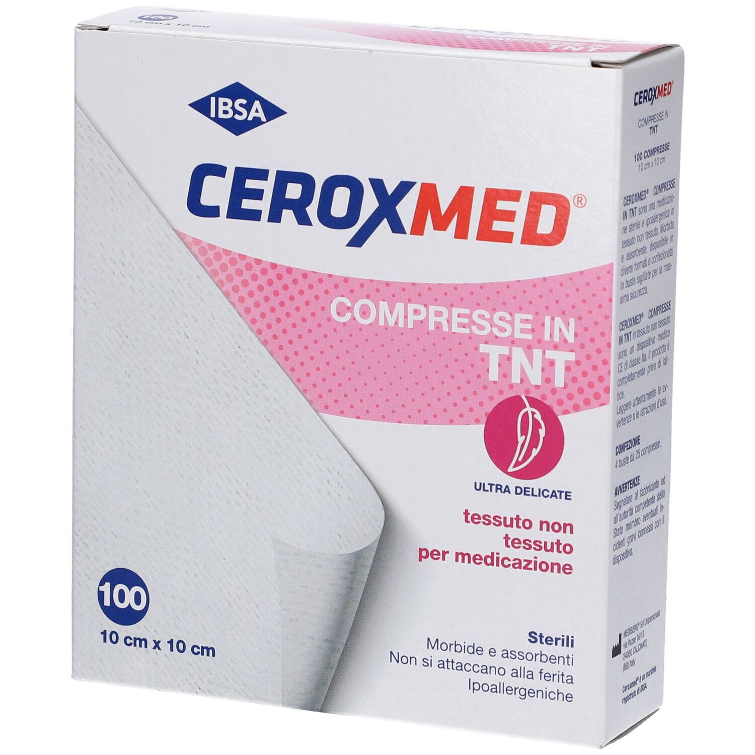 Packung Ceroxmed Kompressen aus Vliesstoff, 10x10 cm, 100 Stück.