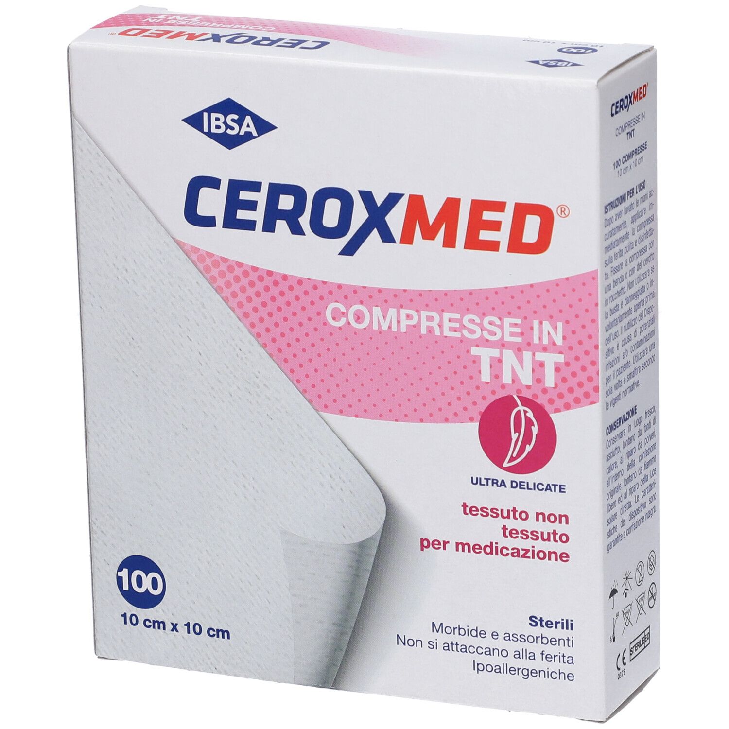 Vorderseite der Ceroxmed Kompressen-Packung, 10x10 cm, 100 Stück.