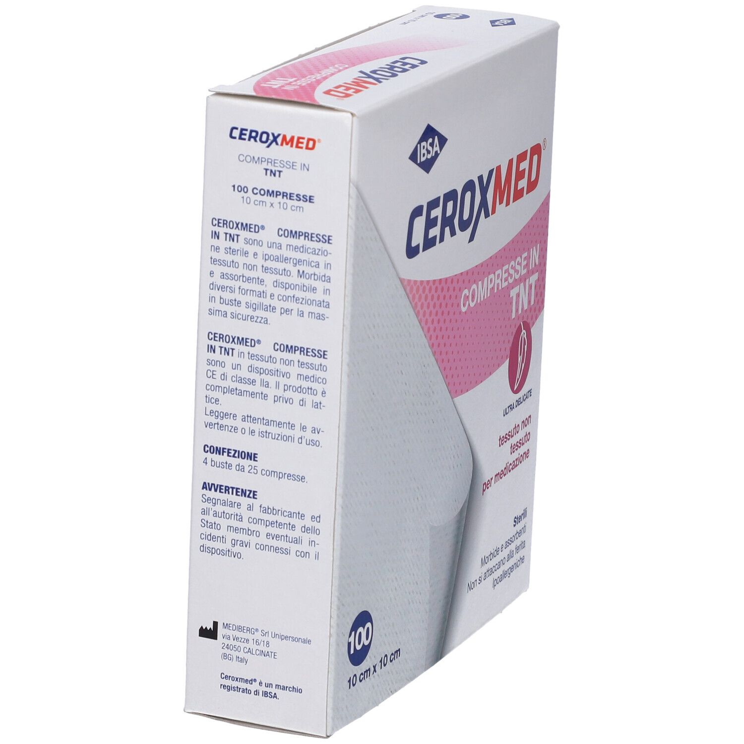 Seitenansicht der Ceroxmed Kompressen-Packung mit Produktinformationen.