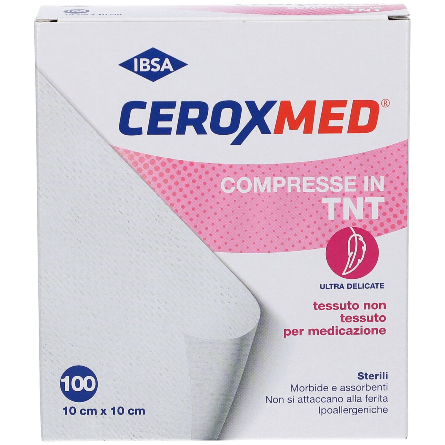 Detailansicht der Ceroxmed Kompressen-Packung, 10x10 cm, 100 Stück.