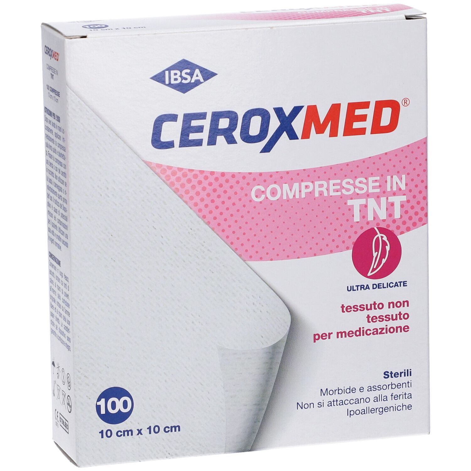 Ceroxmed Kompressen aus Vliesstoff, 10x10 cm, 100 Stück, Verpackung.