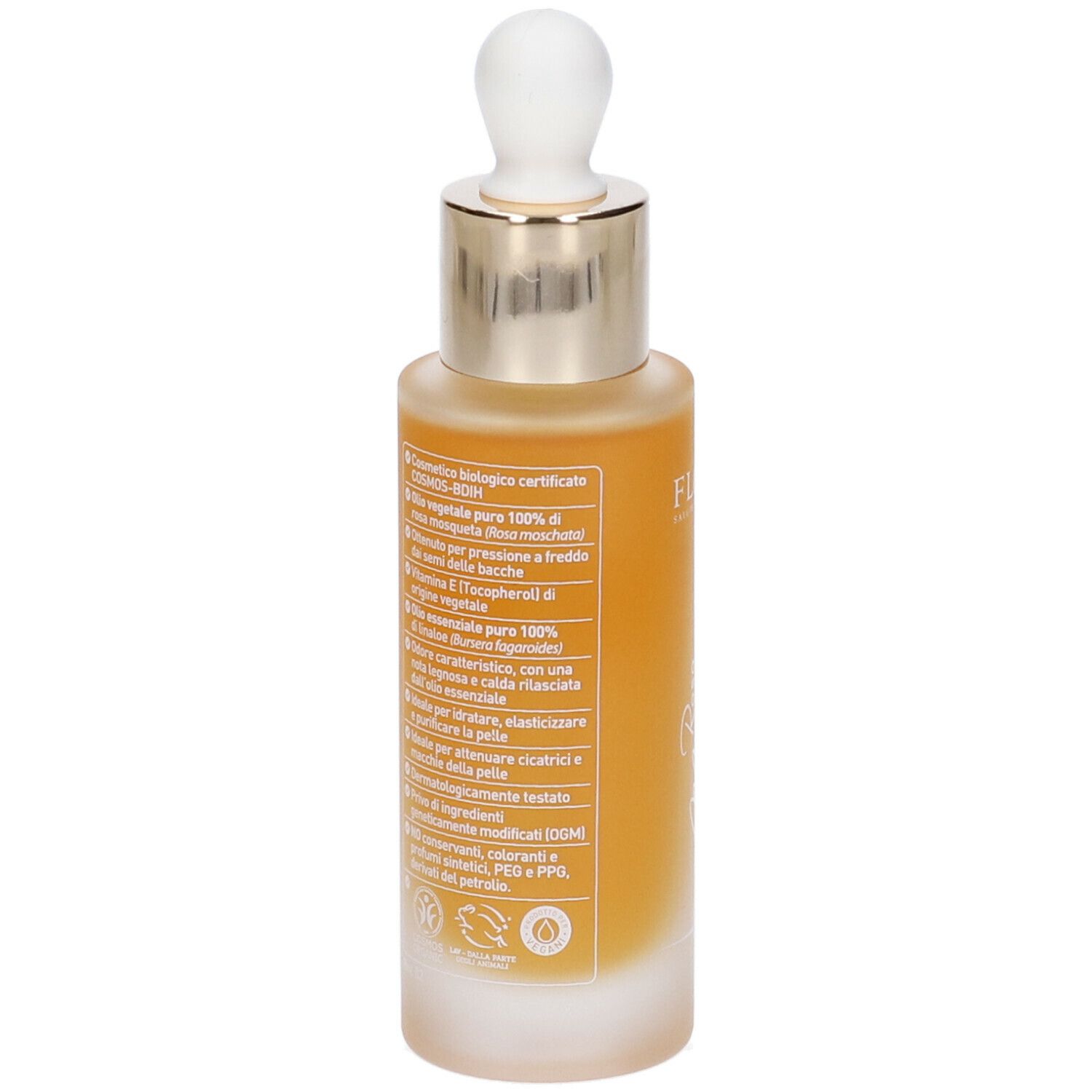 Olio Viso Rosa Mosqueta BIO. Retro del flacone. Testo in italiano. Certificazioni.