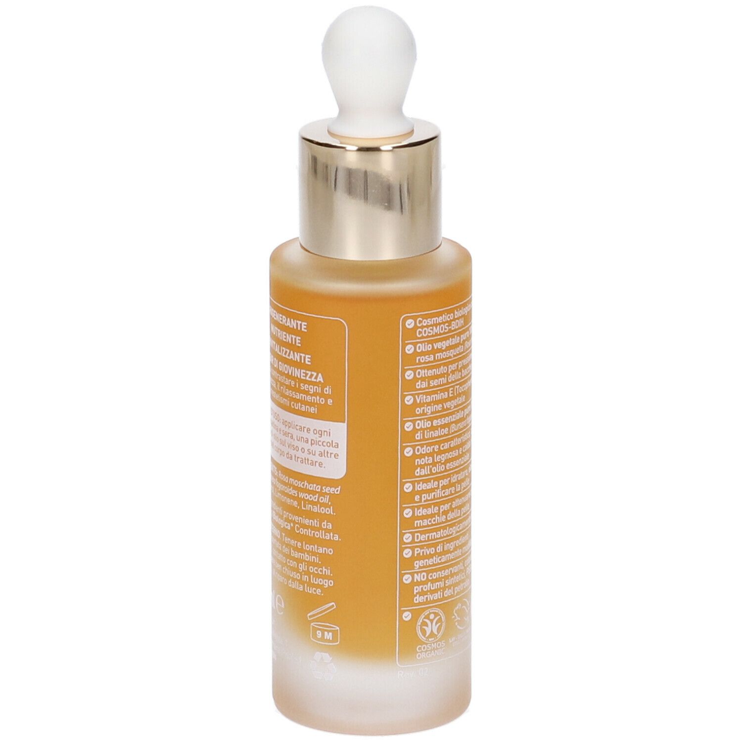 Olio Viso Rosa Mosqueta BIO. Retro del flacone. Testo in italiano. Certificazioni.