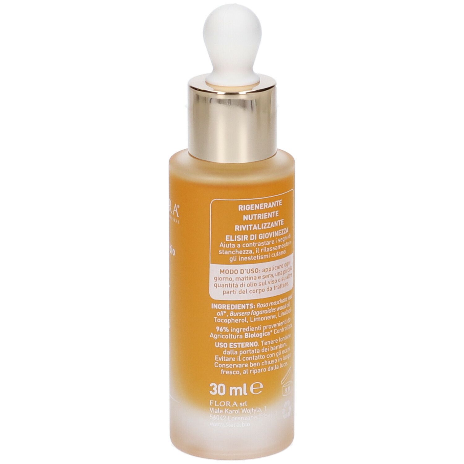 Olio Viso Rosa Mosqueta BIO. Retro del flacone. Testo in italiano. 30 ml.