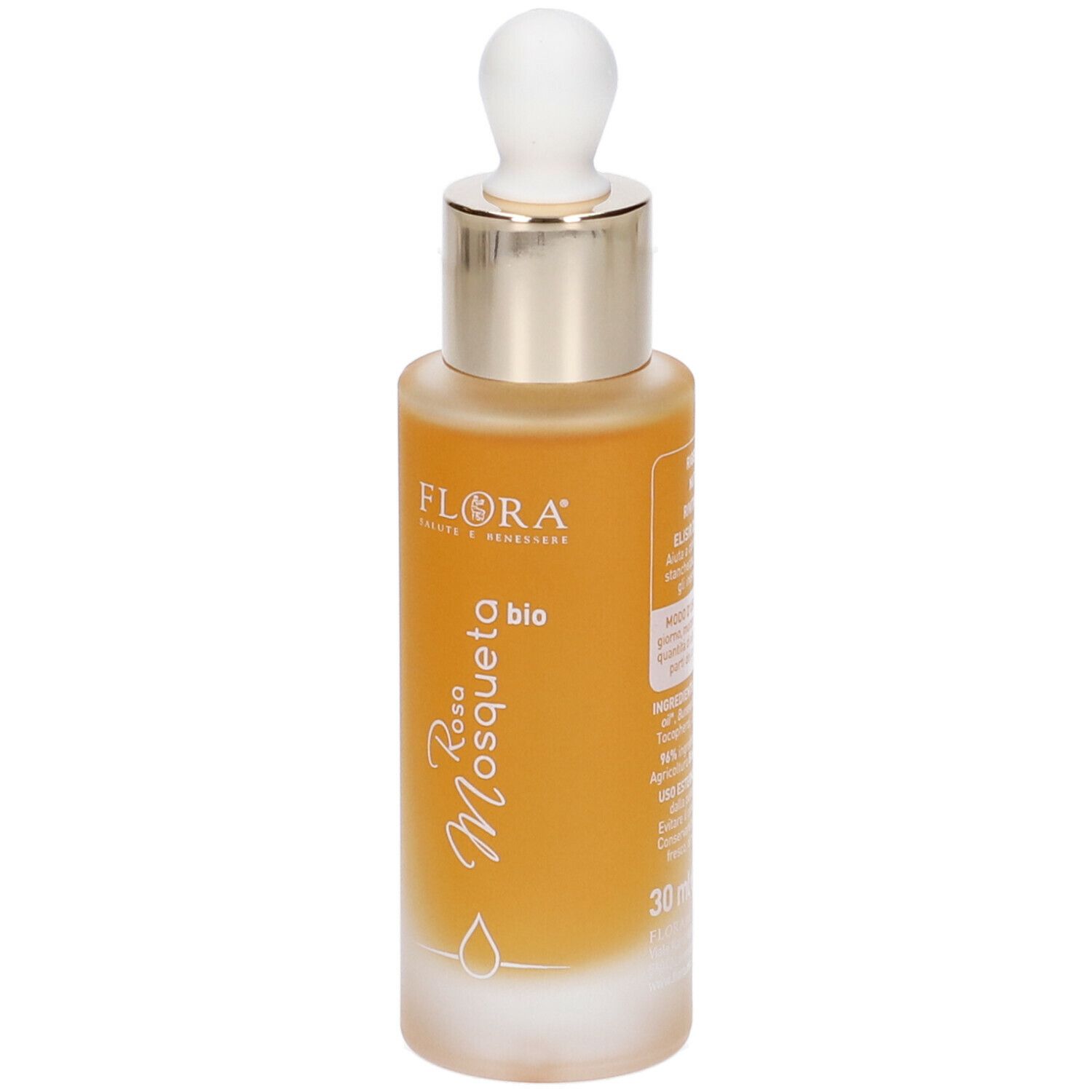Olio Viso Rosa Mosqueta BIO. Flacone in vetro marrone con contagocce. Nome e logo visibili.