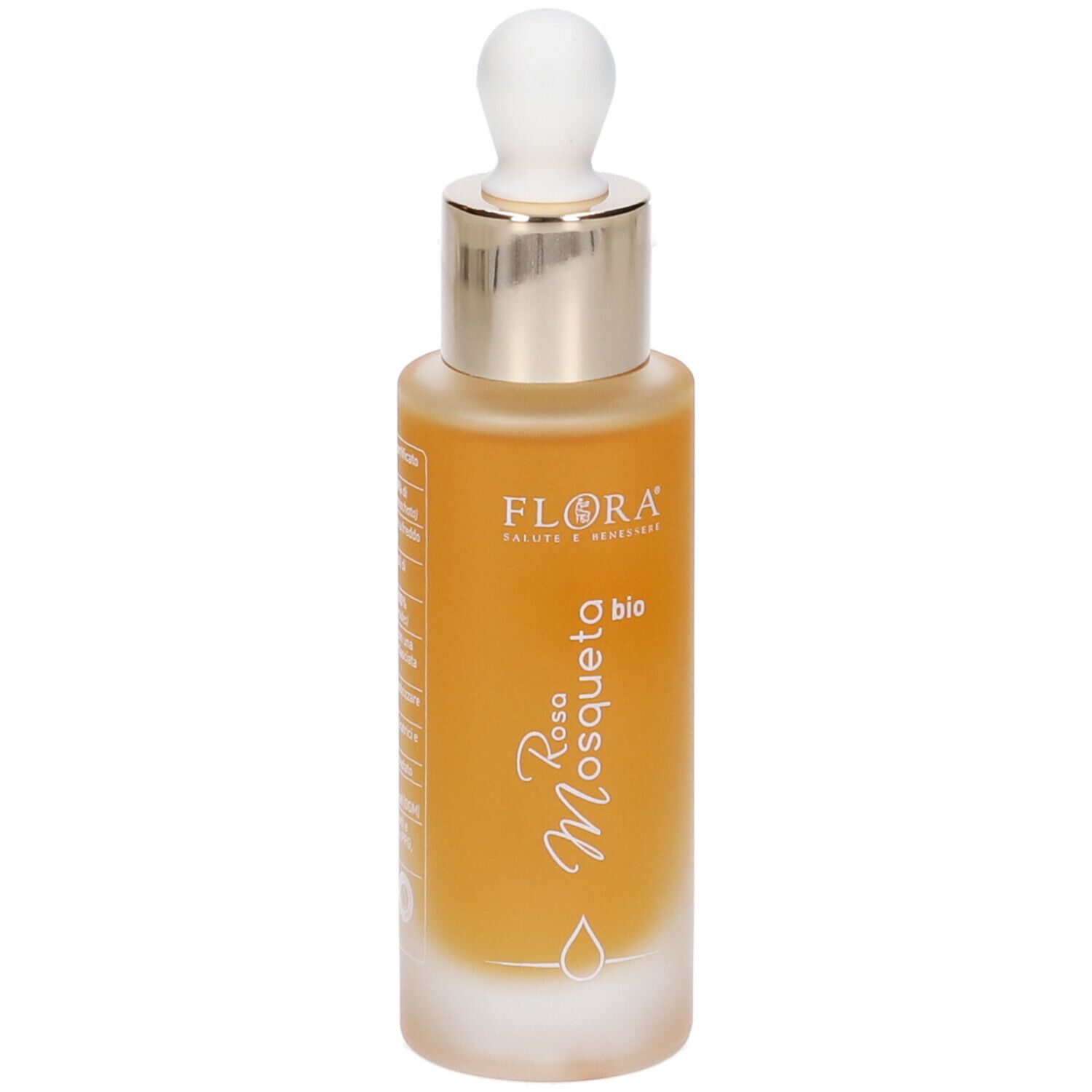 Olio Viso Rosa Mosqueta BIO. Flacone in vetro marrone con contagocce. Nome e logo visibili.