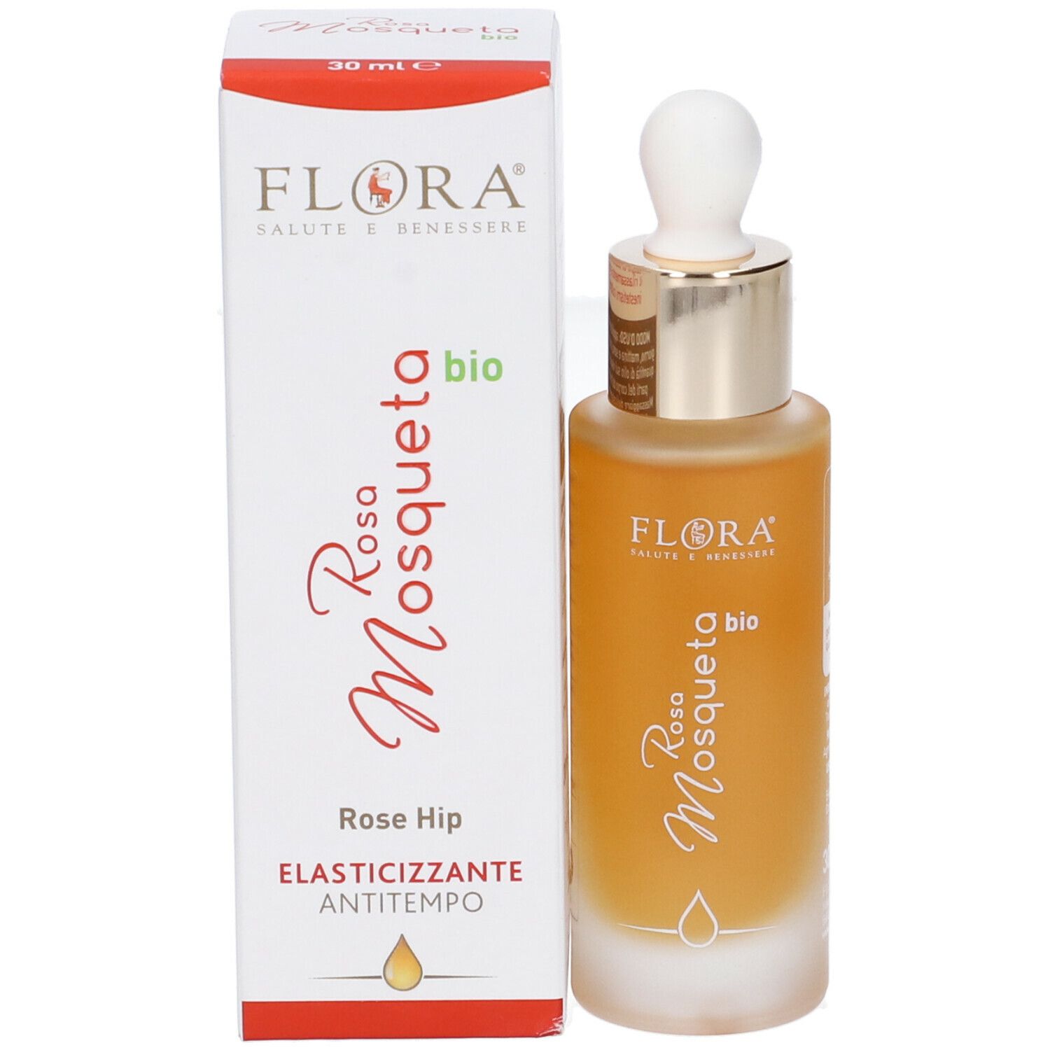Olio Viso Rosa Mosqueta BIO. Flacone e scatola. Nome, logo e descrizione del prodotto visibili.