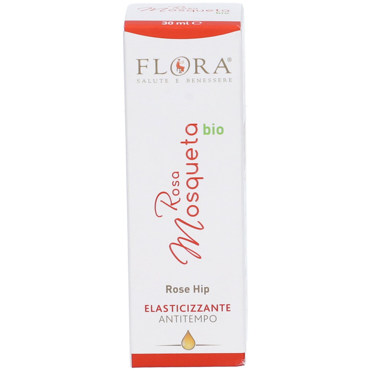 Olio Viso Rosa Mosqueta BIO. Scatola. Nome, logo e descrizione del prodotto visibili.