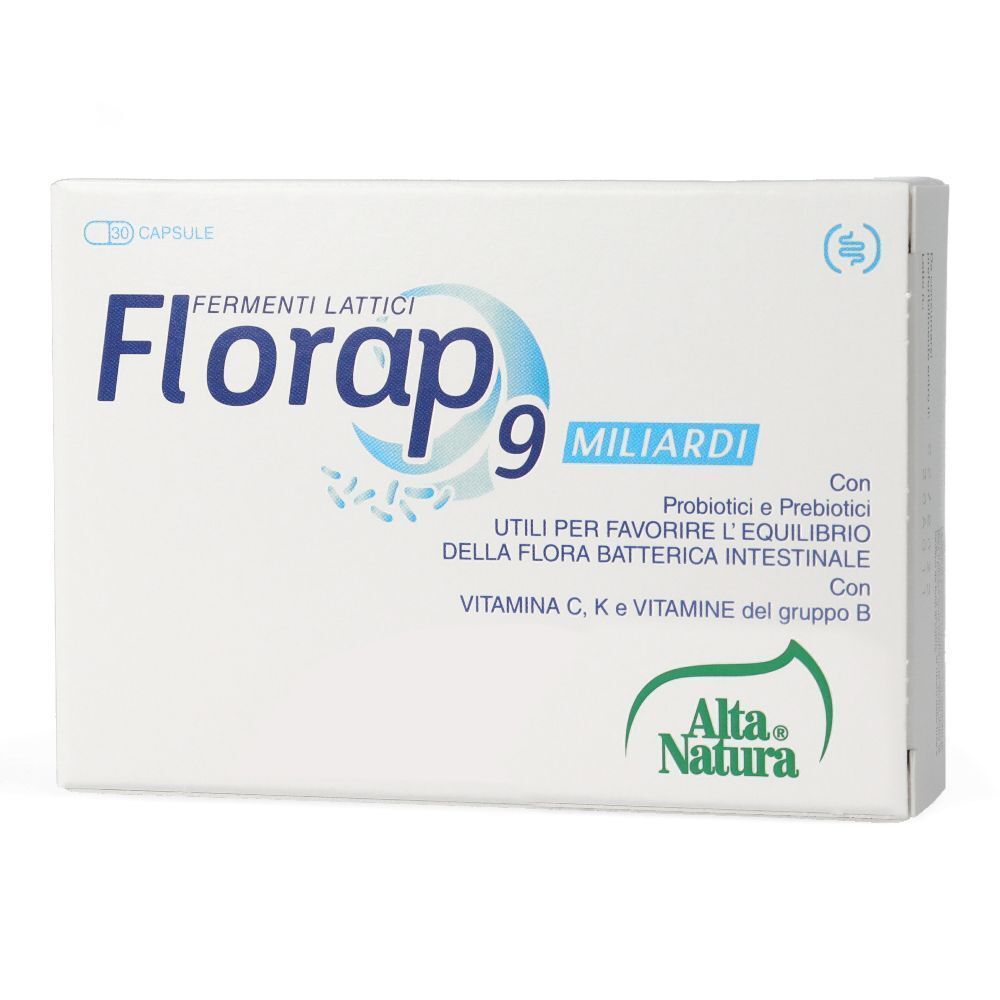 Scatola bianca con testo blu. Scritto: Florap 9 Miliardi, Fermenti Lattici. Logo: Alta Natura. Contiene probiotici e prebiotici.