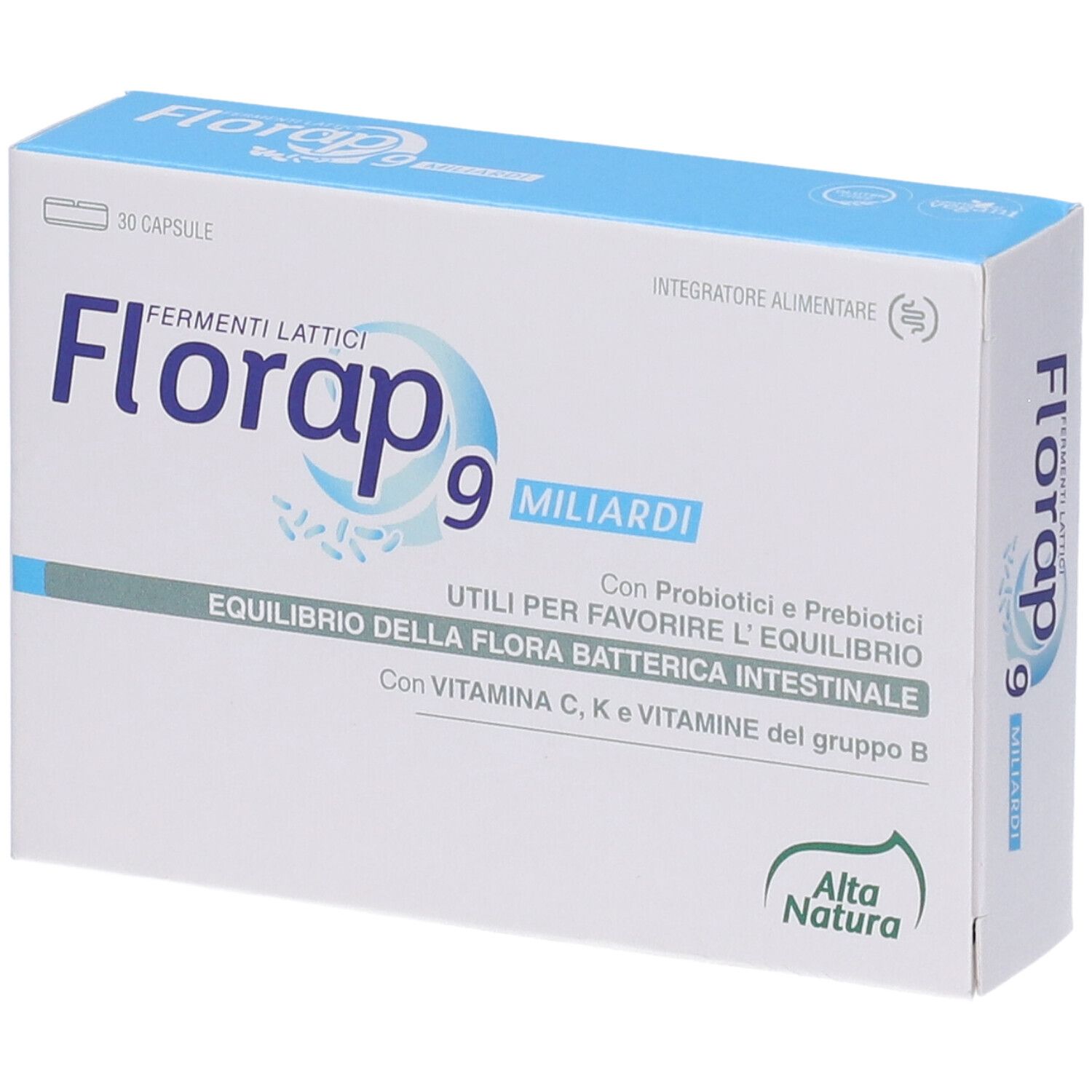 Scatola bianca con testo blu. Scritto: Florap 9 Miliardi, Fermenti Lattici. Logo: Alta Natura. Contiene probiotici e prebiotici.