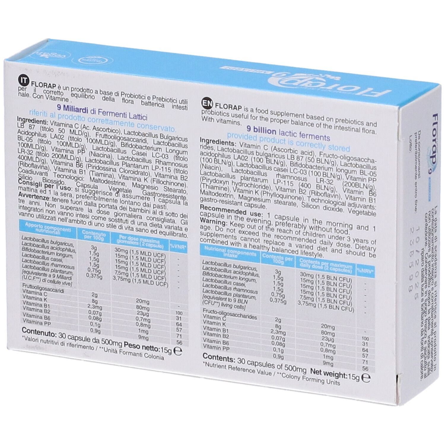 Retro della scatola. Testo in italiano e inglese. Ingredienti, informazioni nutrizionali e raccomandazioni. 30 capsule.