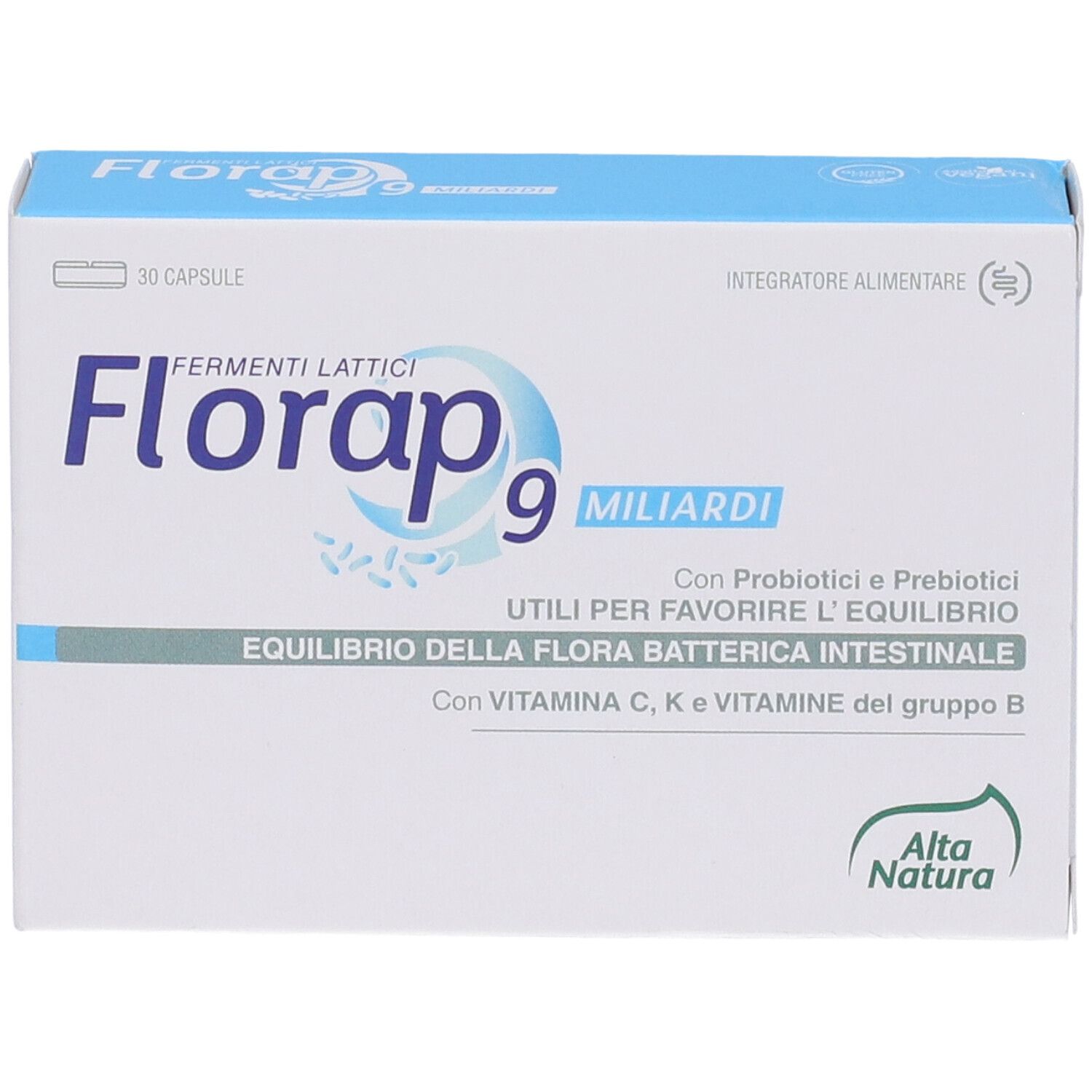 Scatola bianca con testo blu. Scritto: Florap 9 Miliardi, Fermenti Lattici. Logo: Alta Natura. Contiene probiotici e prebiotici.