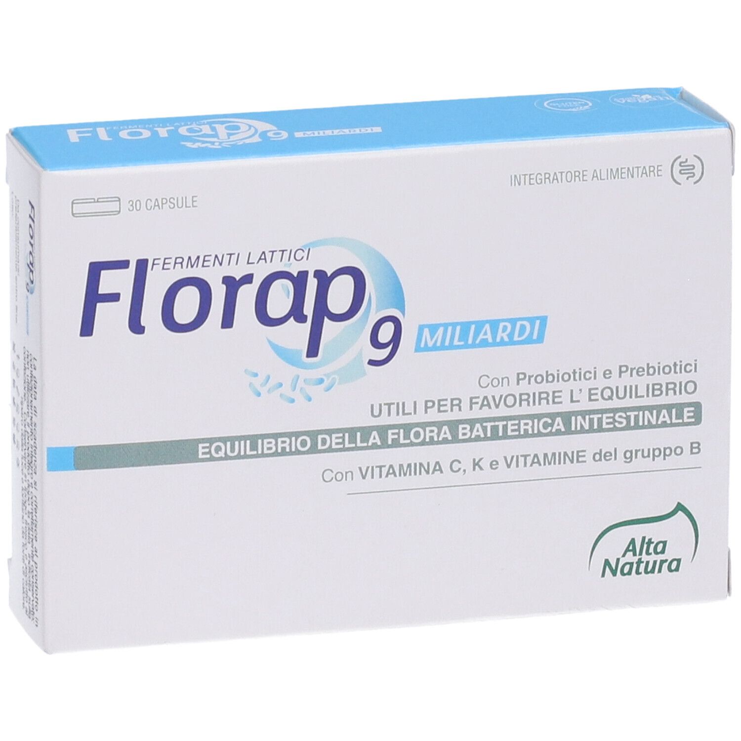 Scatola bianca con testo blu. Scritto: Florap 9 Miliardi, Fermenti Lattici. Logo: Alta Natura. Contiene probiotici e prebiotici.
