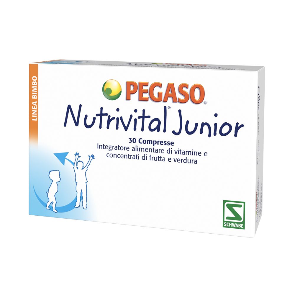 Scatola bianca con nome e logo del prodotto. Testo: Nutrivital Junior, 30 Compresse. Illustrazione di bambini.