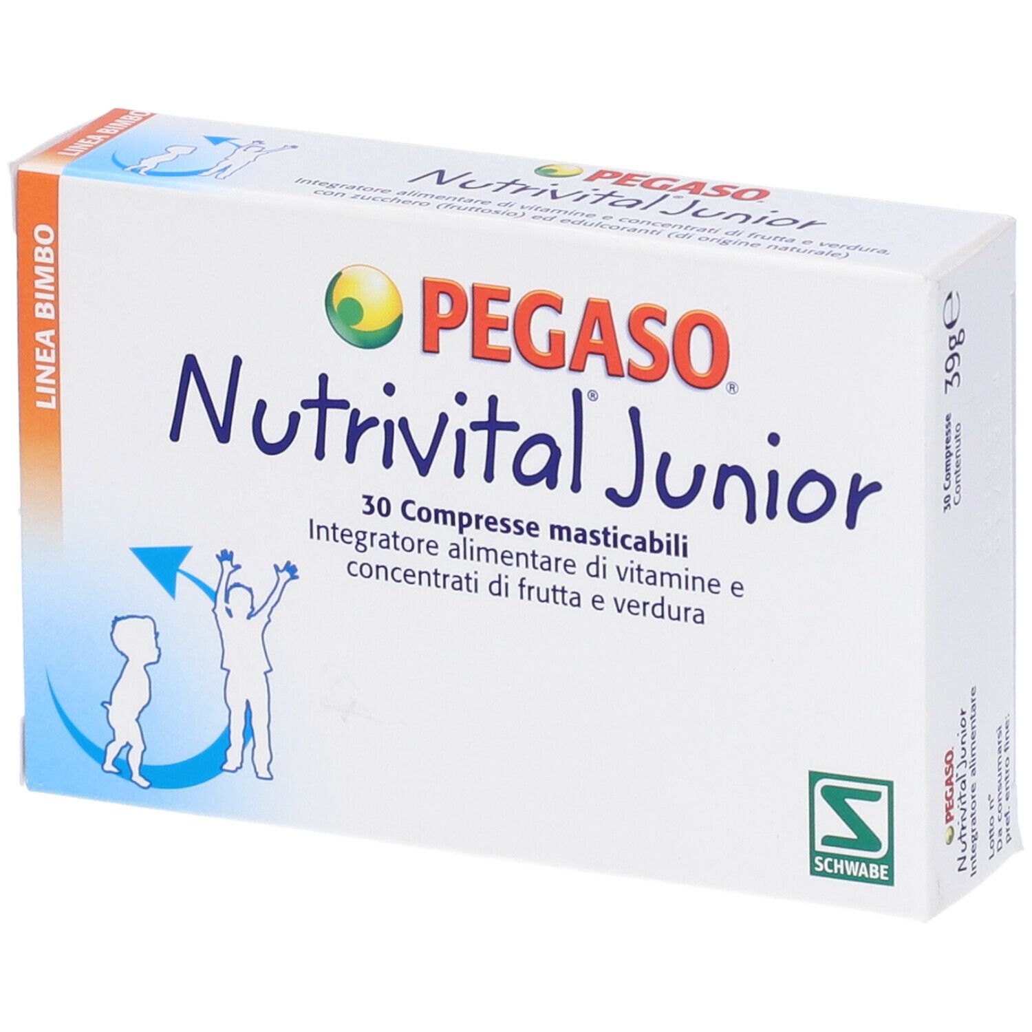Confezione del prodotto, scatola bianca con nome e logo. Testo: Nutrivital Junior, 30 Compresse masticabili.