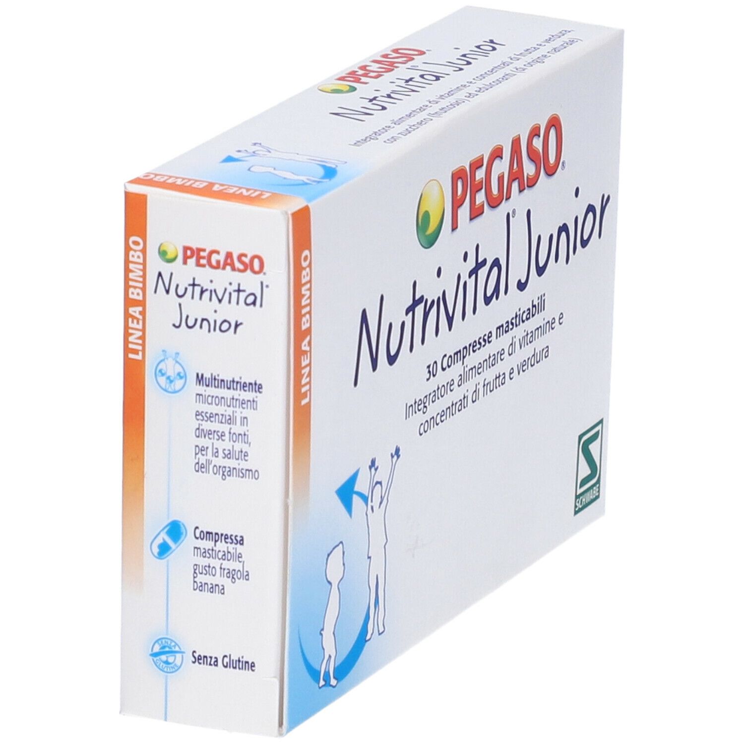 Confezione del prodotto, scatola bianca con nome e logo. Testo: Nutrivital Junior, 30 Compresse masticabili.
