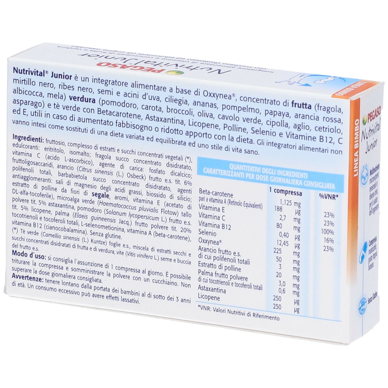 Retro della confezione del prodotto. Testo: Nutrivital Junior, ingredienti, informazioni nutrizionali, istruzioni per l'uso.