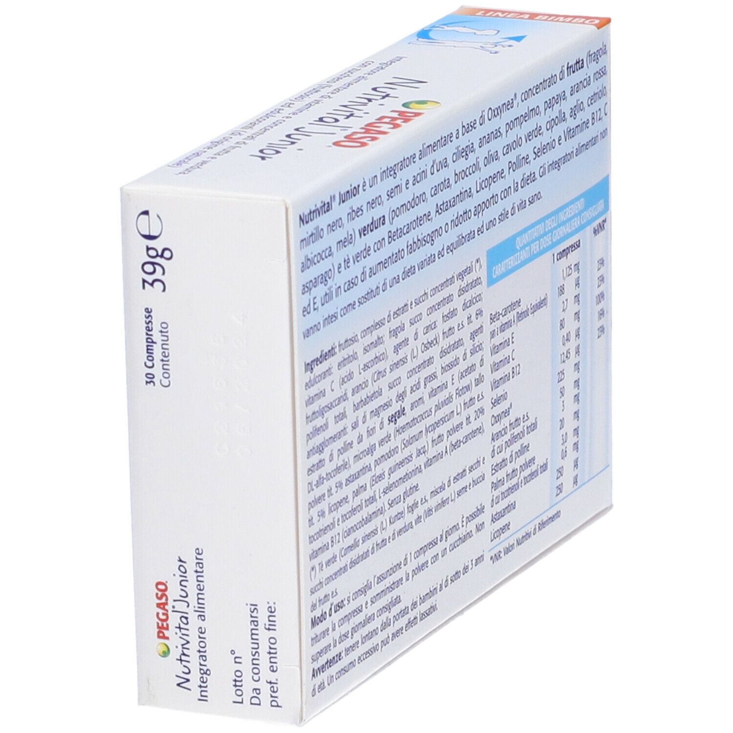Confezione del prodotto, scatola bianca con nome e logo. Testo: Nutrivital Junior, 30 Compresse, 39g.