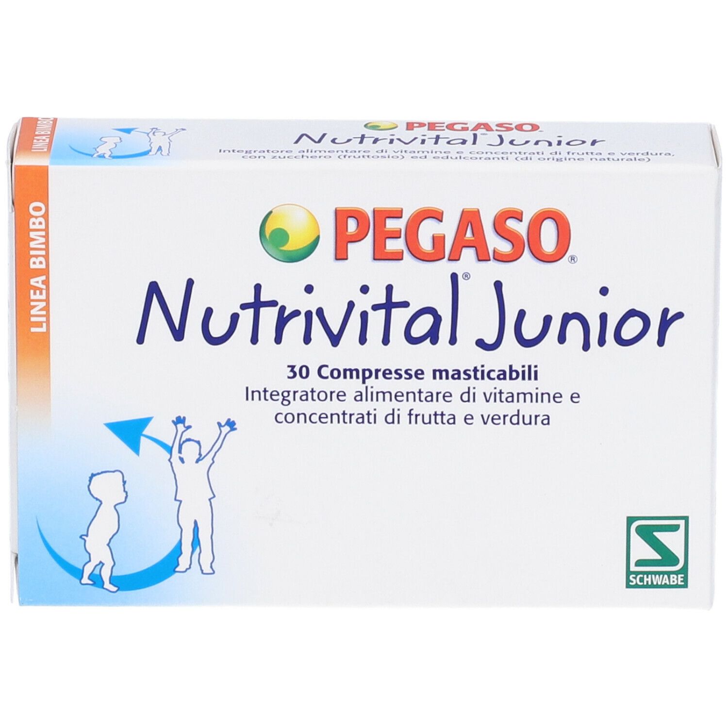 Scatola bianca con nome e logo del prodotto. Testo: Nutrivital Junior, 30 Compresse masticabili. Illustrazione di bambini.