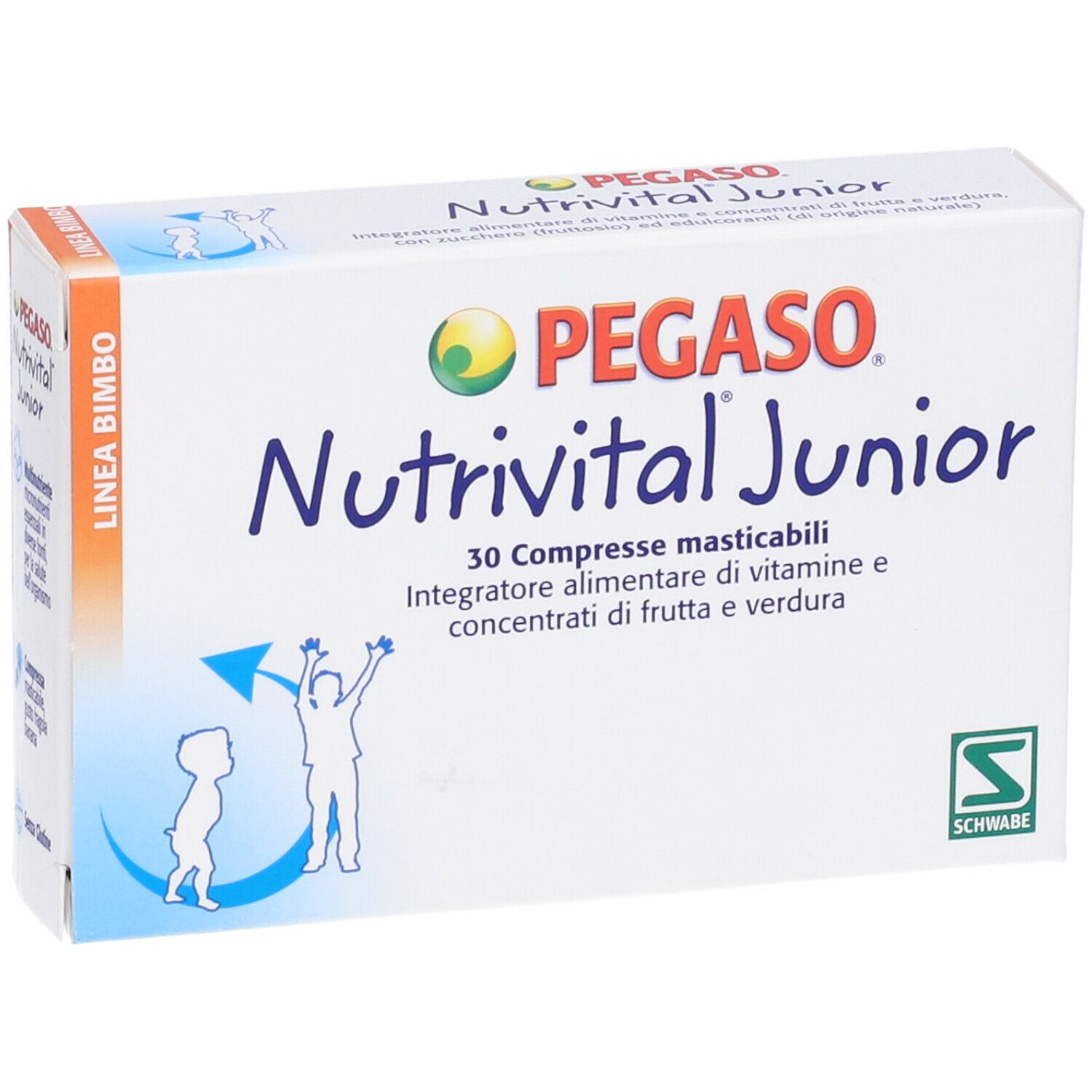 Scatola bianca con nome e logo del prodotto. Testo: Nutrivital Junior, 30 Compresse masticabili. Illustrazione di bambini.