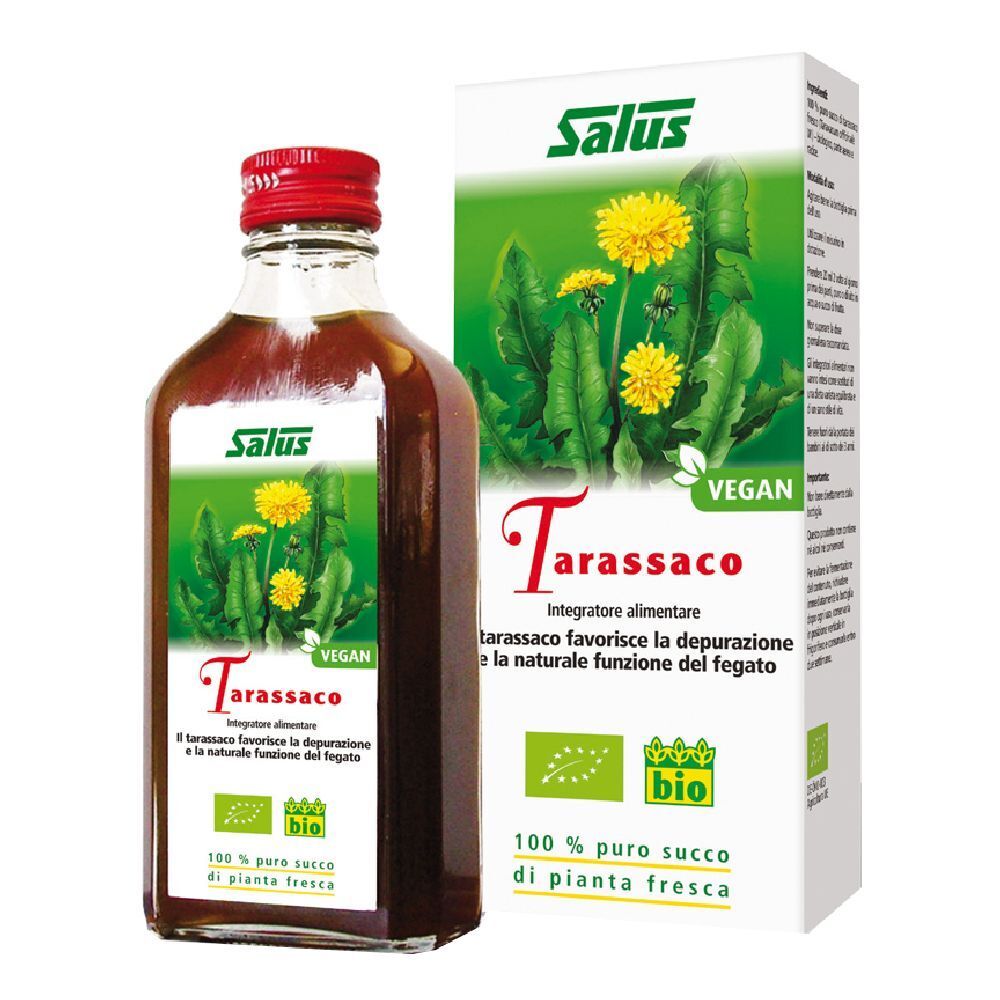 Bottiglia in vetro e scatola. Scritta: Salus Tarassaco, Vegan, marchio bio. Contiene illustrazione di tarassaco.