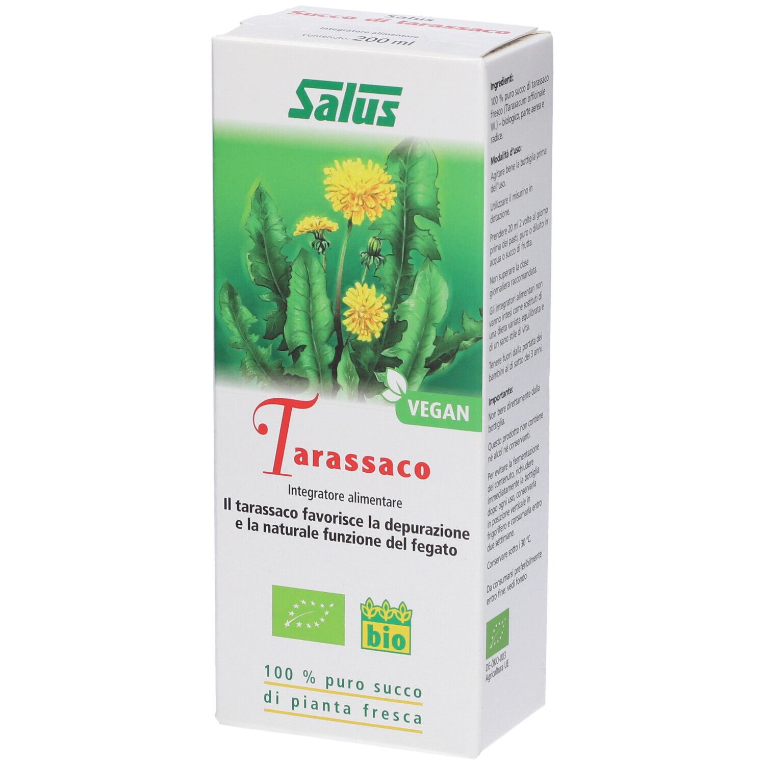 Scatola con scritta: Salus Tarassaco, Vegan, marchio bio. Contiene illustrazione di tarassaco. 200 ml.