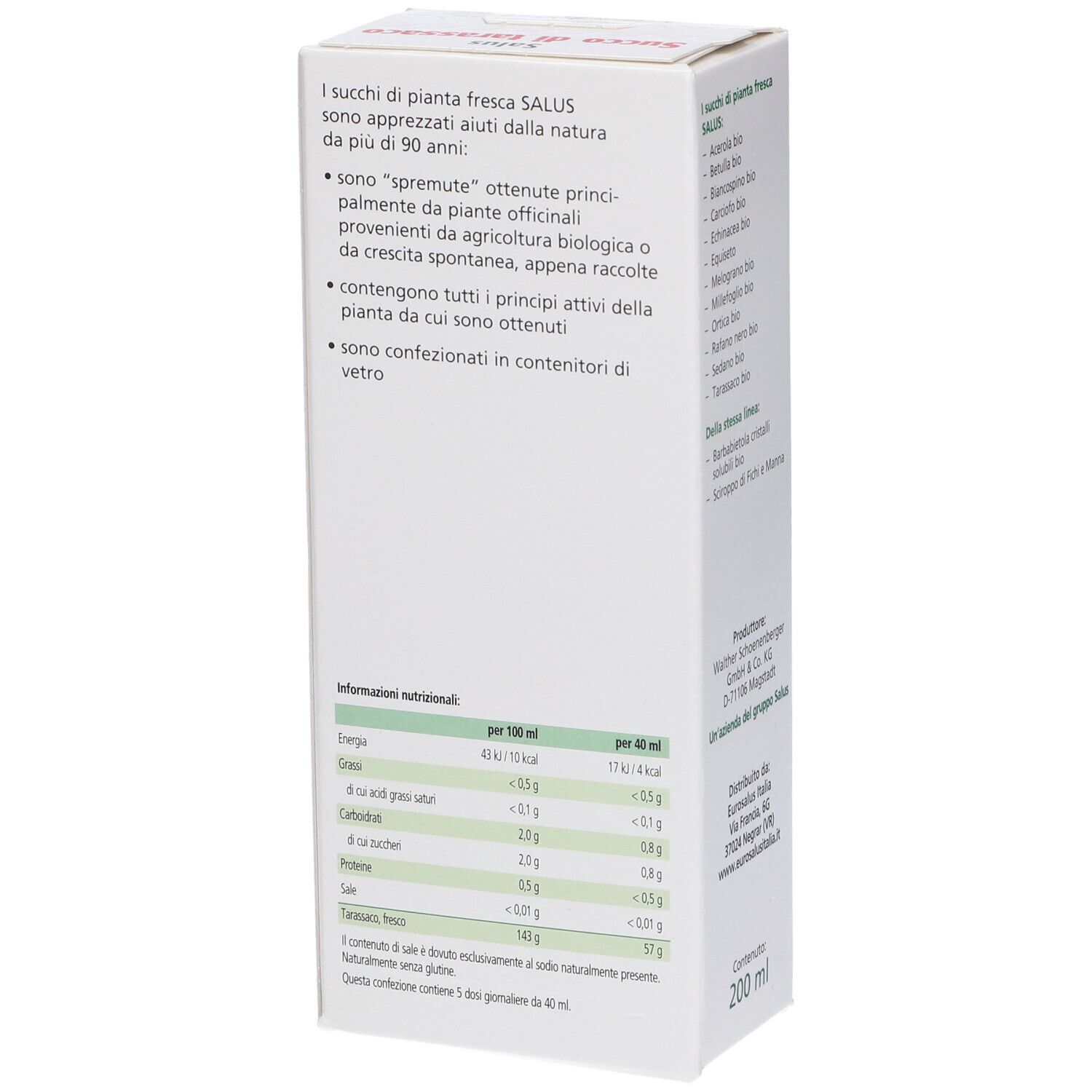 Vista laterale della scatola. Scritta: Salus Tarassaco, Vegan, marchio bio. Contiene elenco ingredienti e valori nutrizionali.