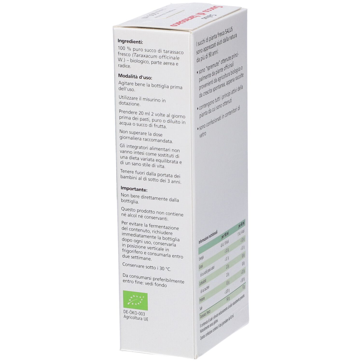 Vista laterale della scatola. Scritta: Salus Tarassaco, Vegan, marchio bio. Contiene elenco ingredienti e valori nutrizionali.