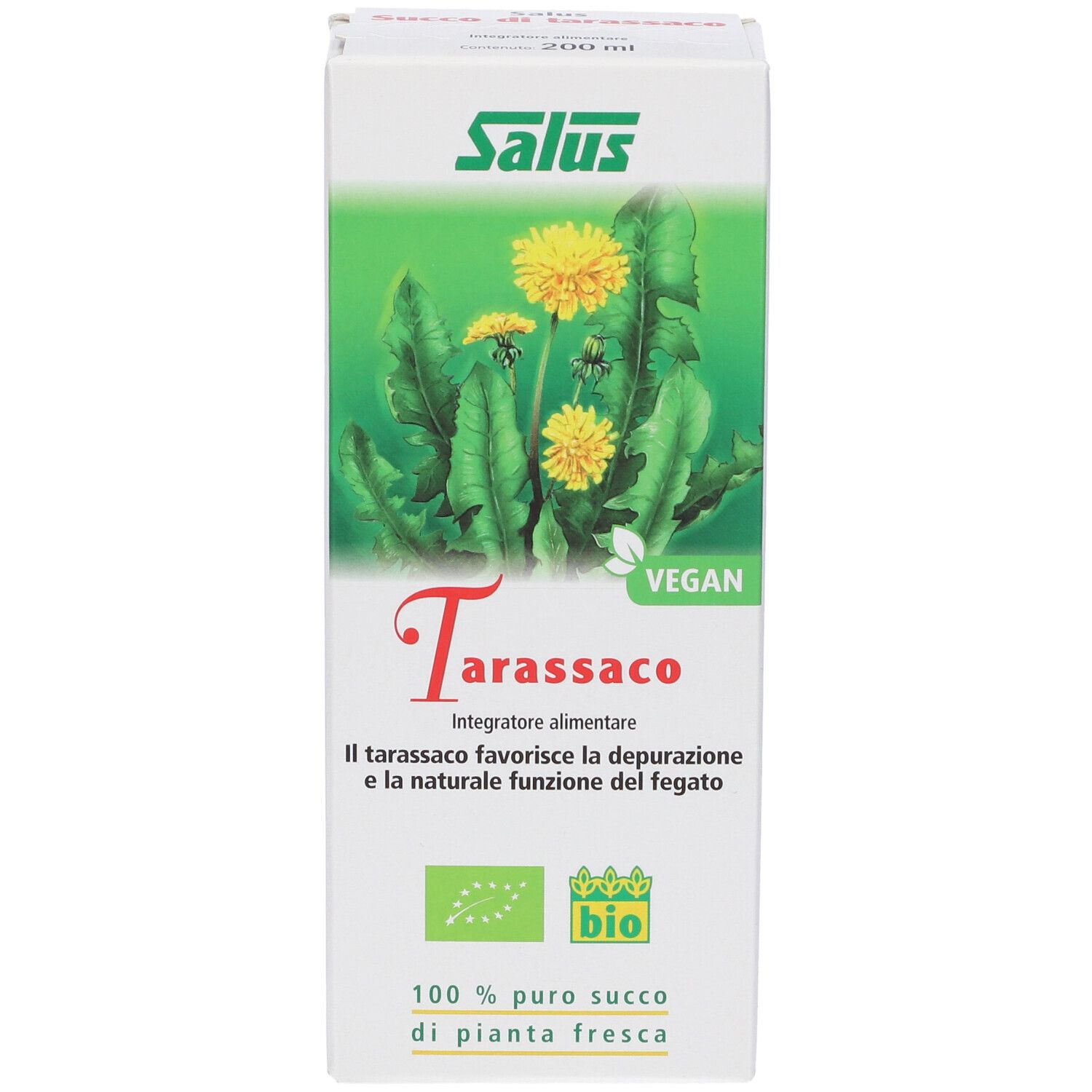 Scatola con scritta: Salus Tarassaco, Vegan, marchio bio. Contiene illustrazione di tarassaco. 200 ml.
