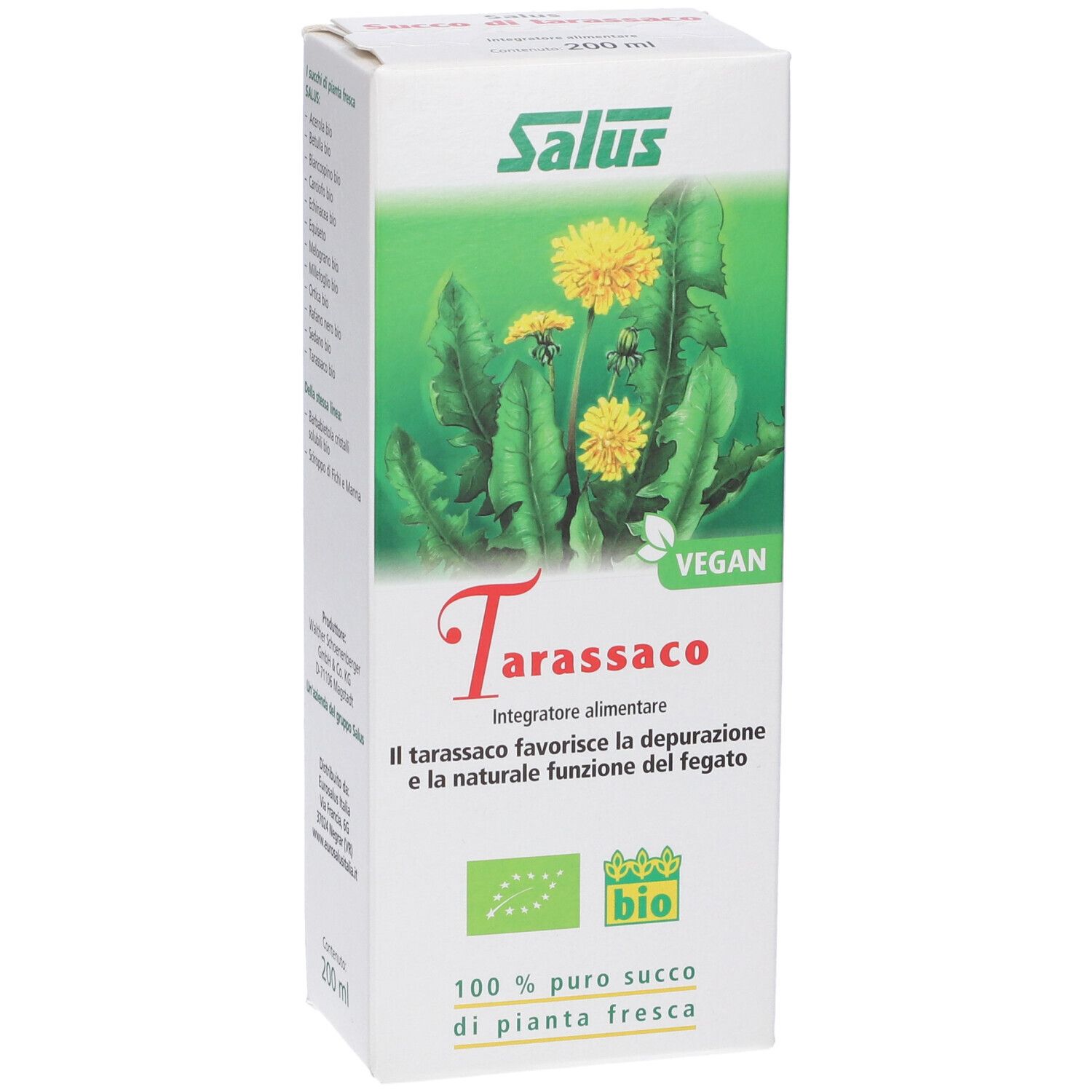 Scatola con scritta: Salus Tarassaco, Vegan, marchio bio. Contiene illustrazione di tarassaco. 200 ml.