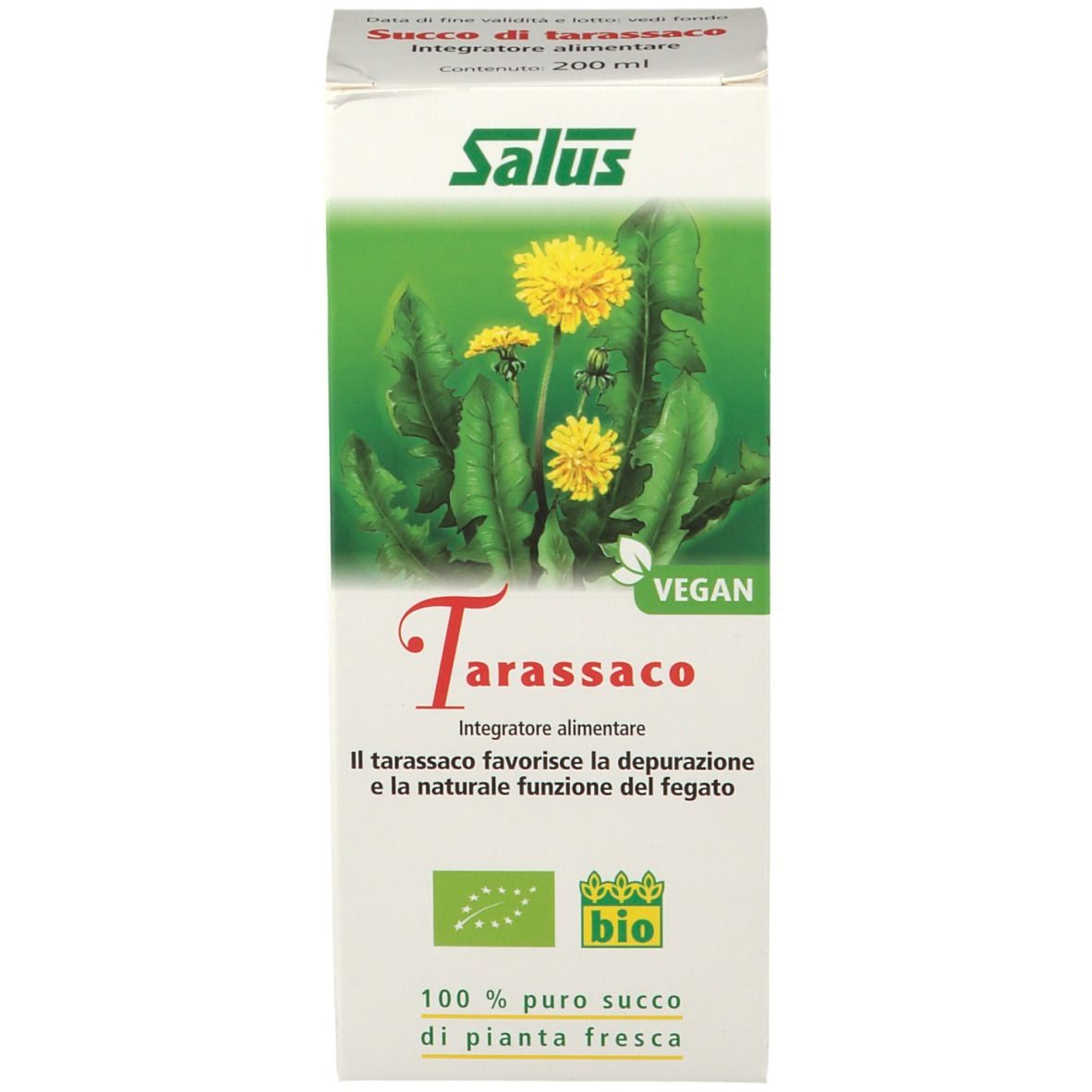 Scatola con scritta: Salus Tarassaco, Vegan, marchio bio. Contiene illustrazione di tarassaco. 200 ml.