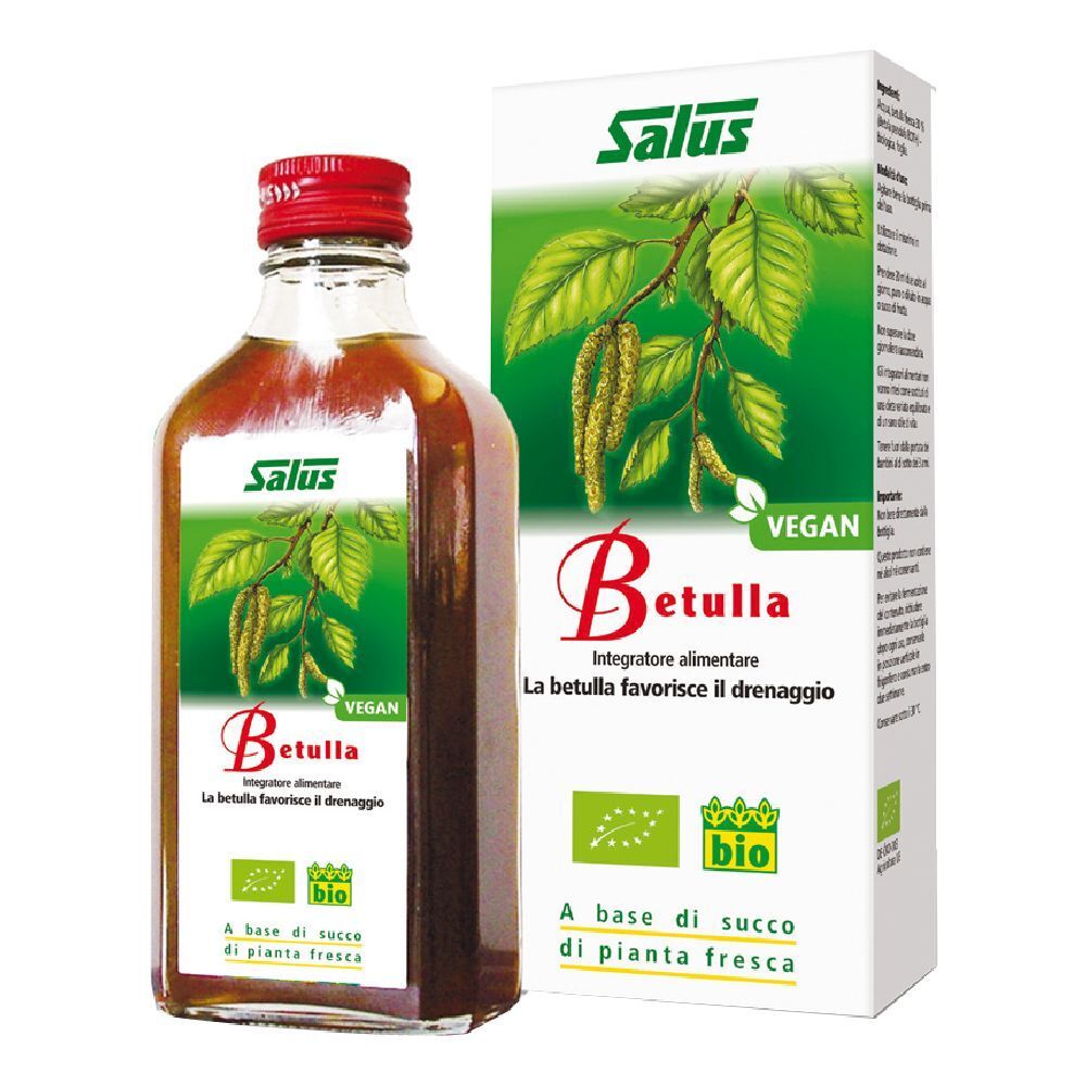 Bottiglia in vetro e scatola. Scritta: Salus, Betulla, Vegan, marchio bio. Liquido visibile.