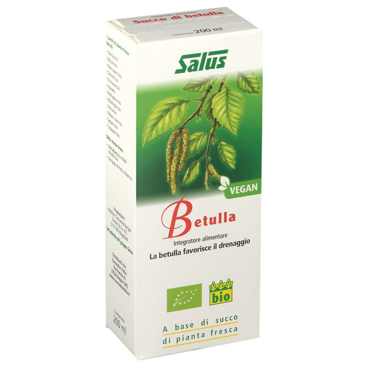 Scatola bianca con scritta: Salus, Betulla, Vegan, marchio bio. Illustrazione di foglie e rami.