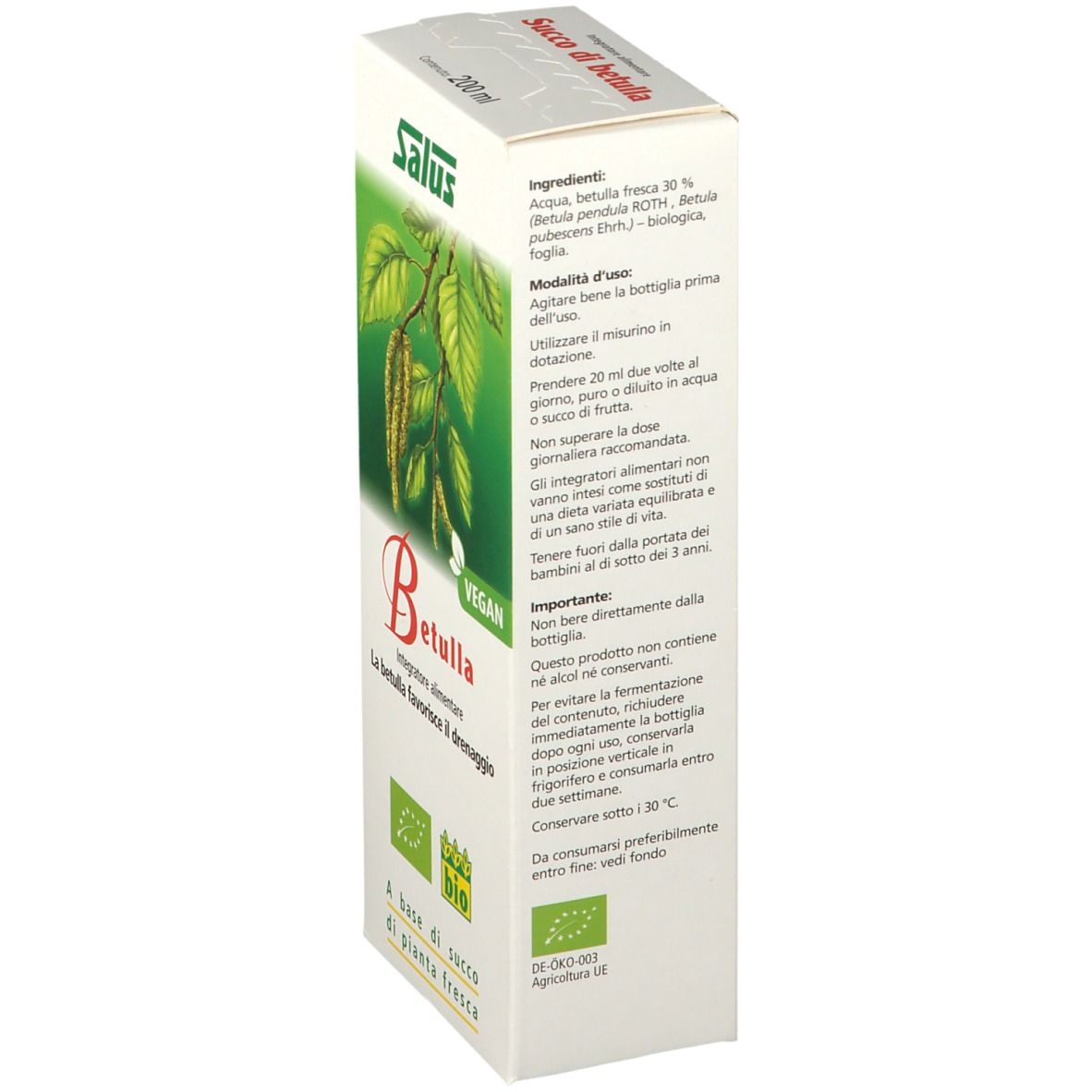 Scatola con testo. Scritto: ingredienti, uso, informazioni importanti. Marchio bio e DE-ÖKO-003.