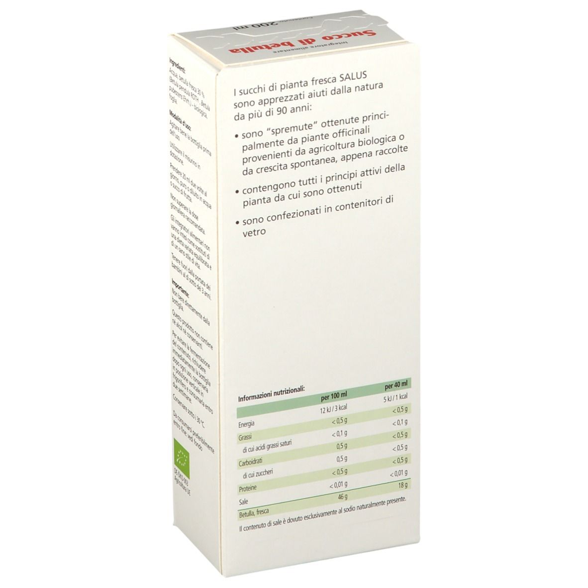 Scatola con testo e informazioni nutrizionali. Scritto: Succhi di piante fresche SALUS. Contenitore di vetro.