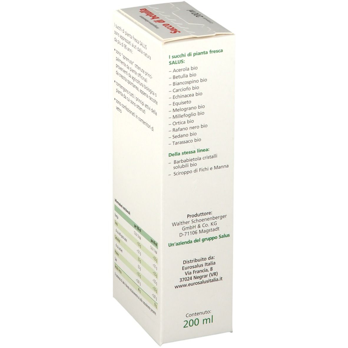 Scatola con testo. Scritto: Succhi di piante fresche SALUS. Produttore: Walter Schoenenberger GmbH & Co. KG.