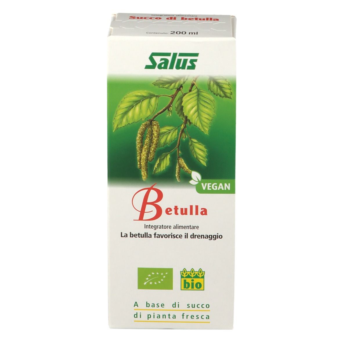 Scatola bianca con scritta: Salus, Betulla, Vegan, marchio bio. Illustrazione di foglie e rami.