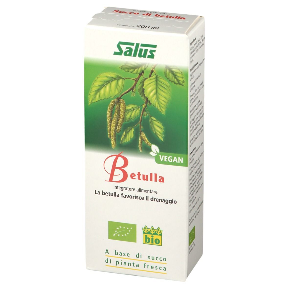 Scatola bianca con scritta: Salus, Betulla, Vegan, marchio bio. Illustrazione di foglie e rami.