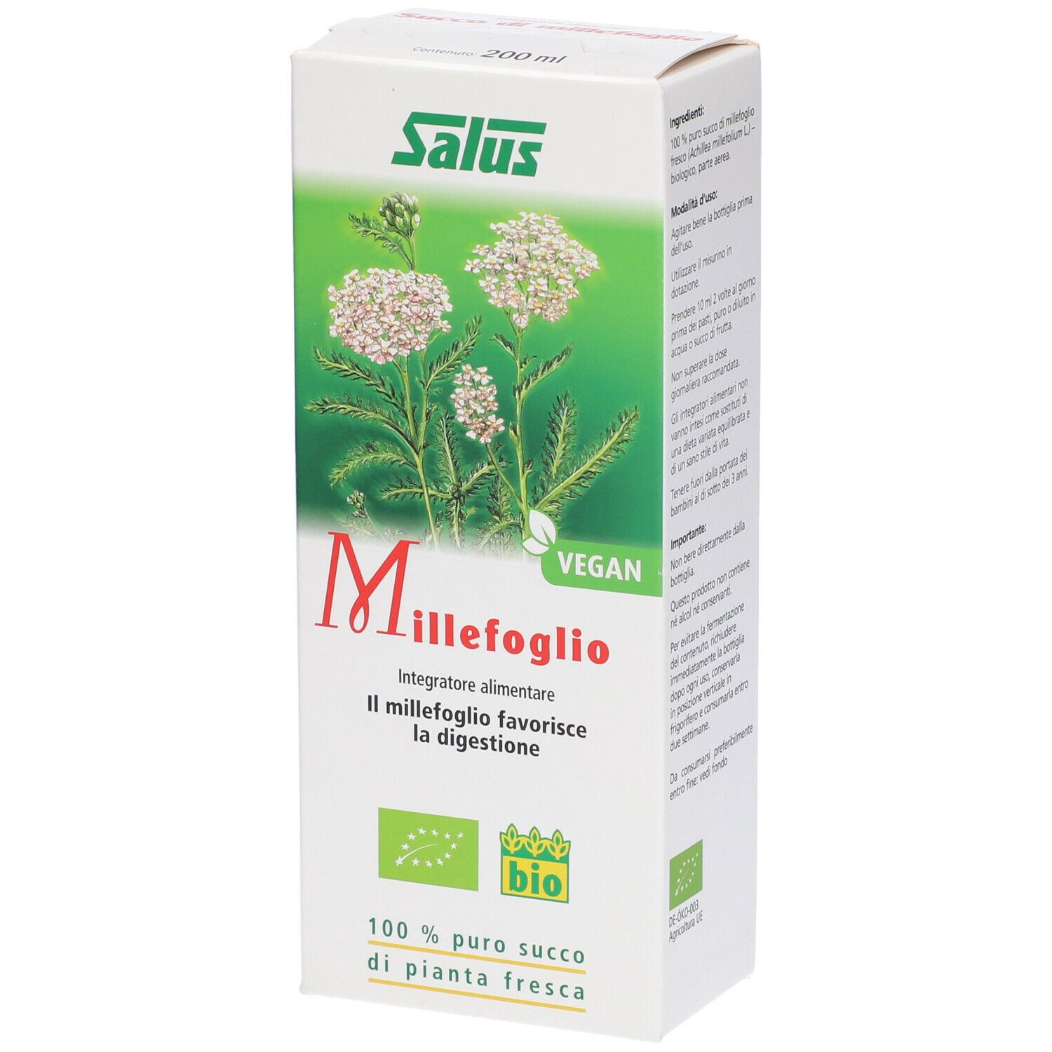 Scatola di Saluz Succo di Millefoglio. Fronte con illustrazione di pianta, scritta 'Millefoglio' e marchio 'bio'.