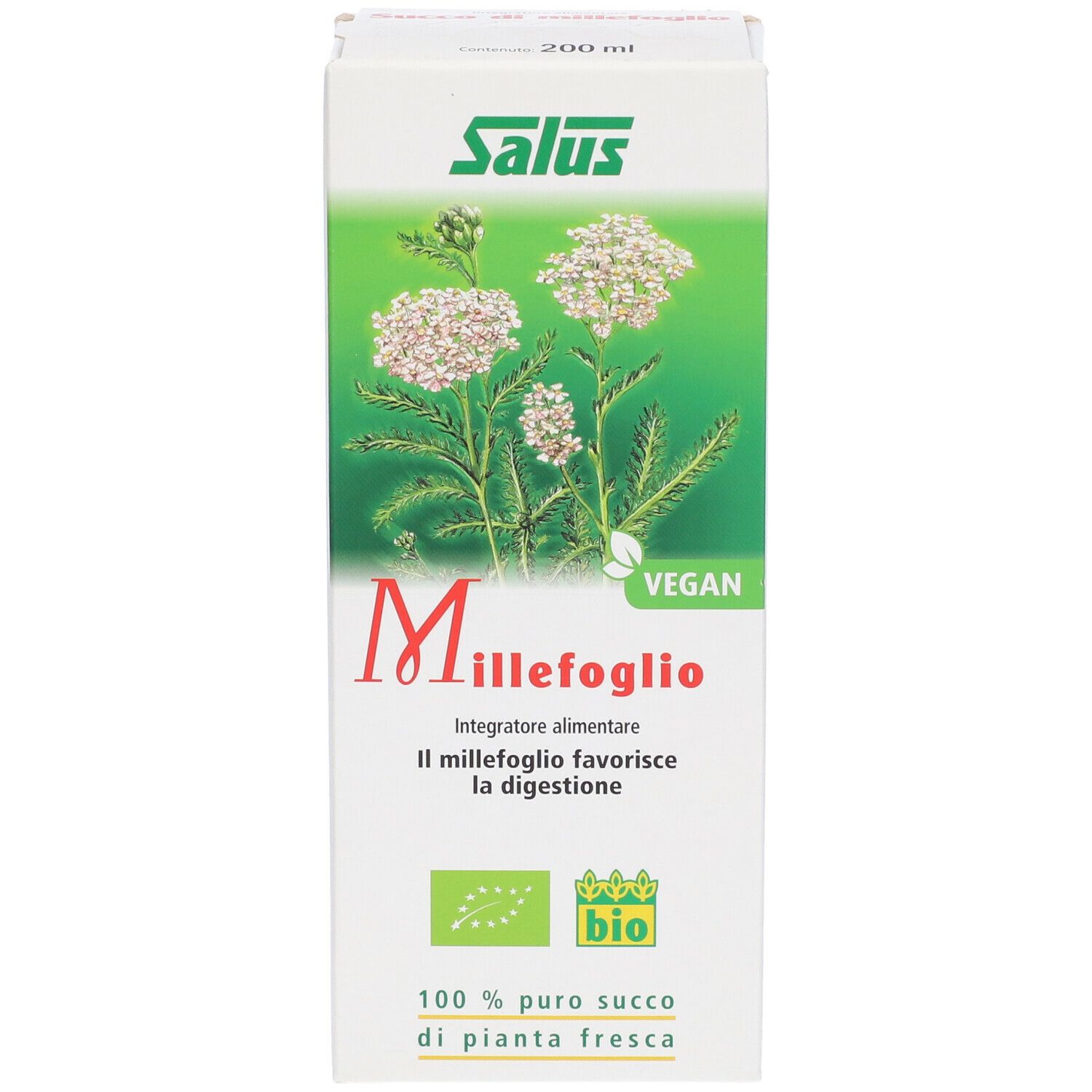 Scatola di Saluz Succo di Millefoglio. Fronte con illustrazione di pianta, scritta 'Millefoglio' e marchio 'bio'.