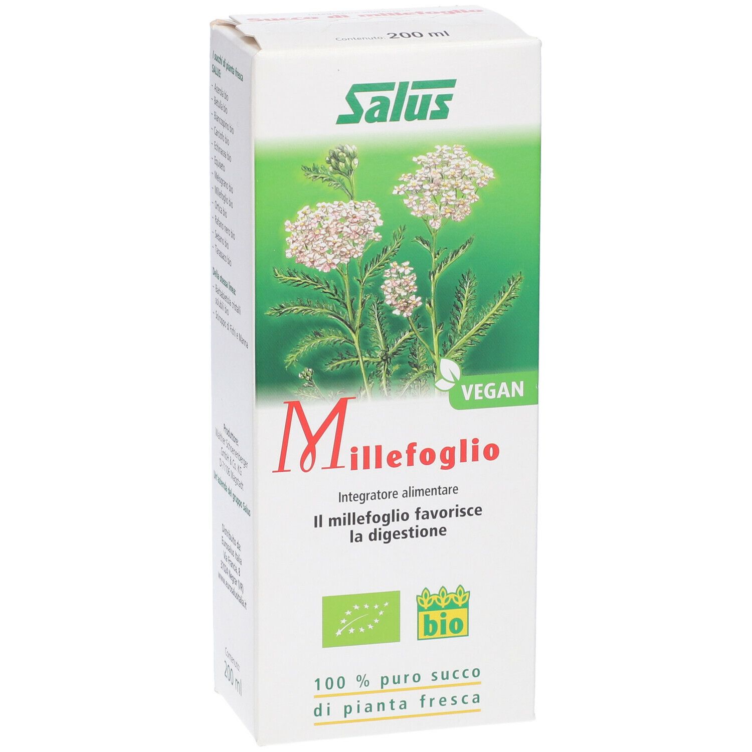 Scatola di Saluz Succo di Millefoglio. Fronte con illustrazione di pianta, scritta 'Millefoglio' e marchio 'bio'.