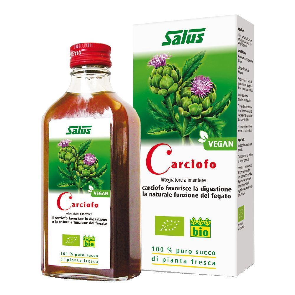 Bottiglia di vetro e scatola con motivo carciofo. Testo: Carciofo, Vegan, marchio Bio.